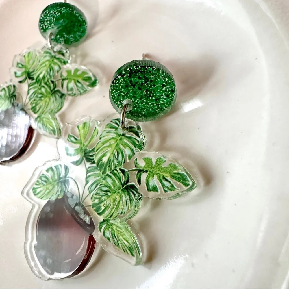2/$30🌵 Monstera Leaf Potted Plant Earrings Acrylic Jewelry Plant Lady NEW